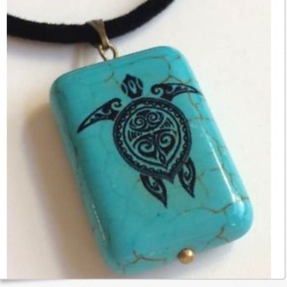 Gold Turquoise Sea Turtle Necklace Pendant 18" Island Black Cord Stone Nautical - Picture 1 of 8